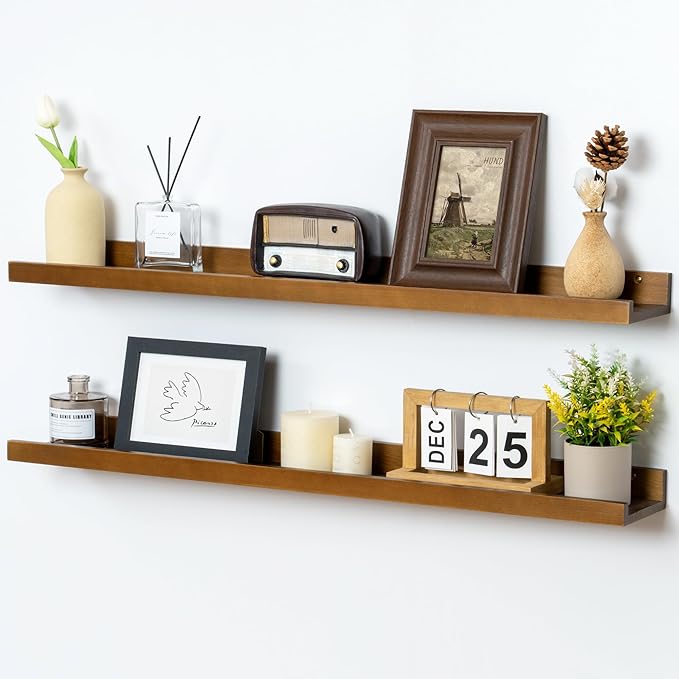 Picture Ledge Wall Shelves 36 inch Width Set of 2, Solid Pine Wood Rustic Floating Ledge Shelves for Wall for Kids' Room Bedroom Kitchen Bathroom Living Room Nursery Display Wall Decor, Walnut