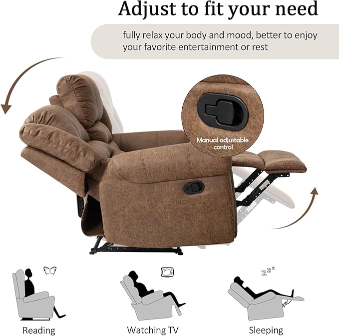 CANMOV Faux Leather Manual Recliner Sofa Set,Manual Reclining Sofa and Recliner Loveseat with Overstuffed Armrest for Living Room,Bedroom Furniture,Office,Nut Brown