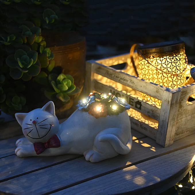 Cat Garden Figurines Outdoor Decor Solar Statue with Succulent and LED Lights for Patio Lawn Yard Art Decoration Housewarming Garden Gift