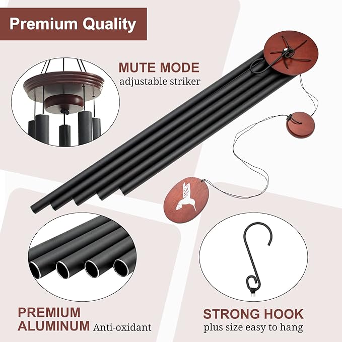60" Wind Chimes Outdoor, WindChimes Large Wind Chimes for Outside Deep Tone with 5 Tuned Tubes and S Hook, Wind Chime Outdoor Decoration for Patio, Garden, Yard (Hummingbird)