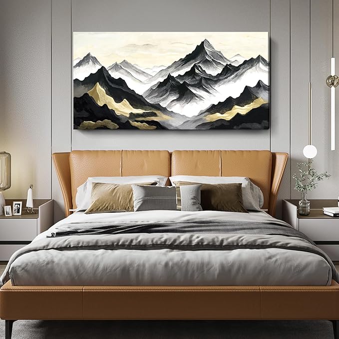 amatop Oversized Wall Art for Living Room Modern Extra Large Abstract Inspirational Mountain Black Gold Canvas Print Landscape Artwork Zen Scenery Picture for Bedroom Office Horizontal Decor 58x29 Inch