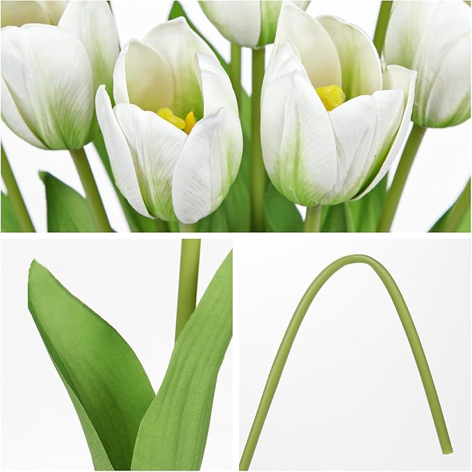 Artificial Tulips Flowers – 20" Long Stem Faux Tulips, 10PCS Real Touch Fake White Tulip for Vase, Farmhouse, Kitchen, Spring & Wedding Home Decor