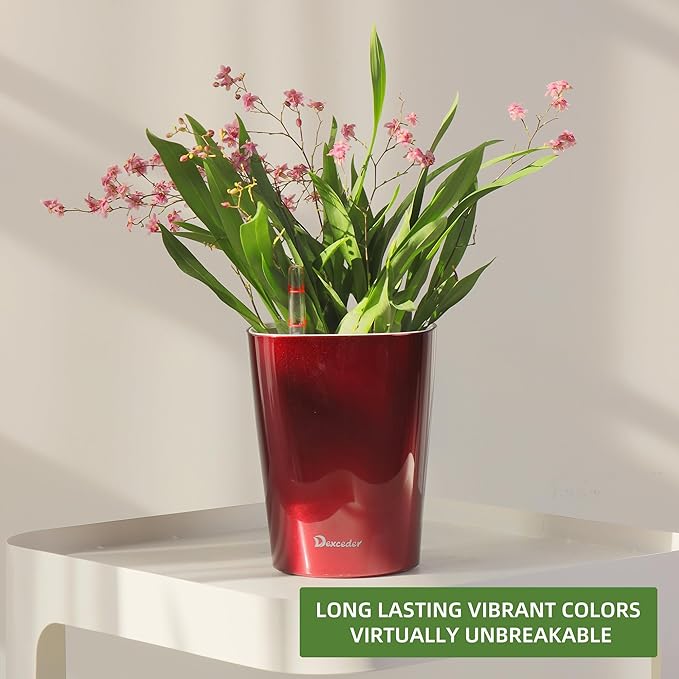 Dexceder 6x7 Self Watering Planter Indoor Outdoor, High Gloss Table Flower Plant Pot with Water Level Indicator (Wine Red)