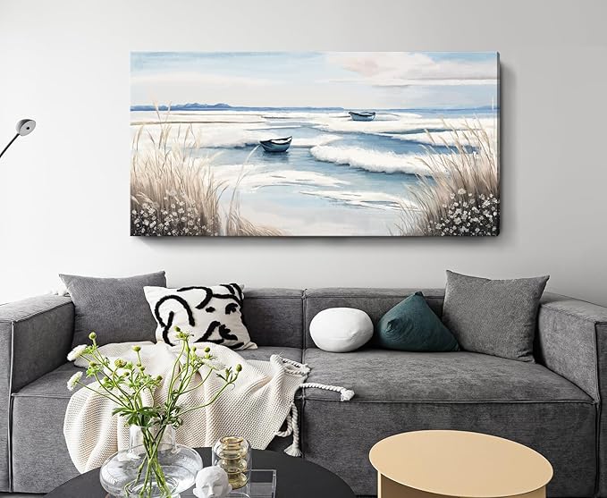 amatop Extra Large Wall Art for Living Room –Big Coastal Beach Minimalist Canvas Artwork with Sailboat Ocean Waves and Reeds Nautical Seascape Picture for Bedroom Decor Blue58x29 Inch