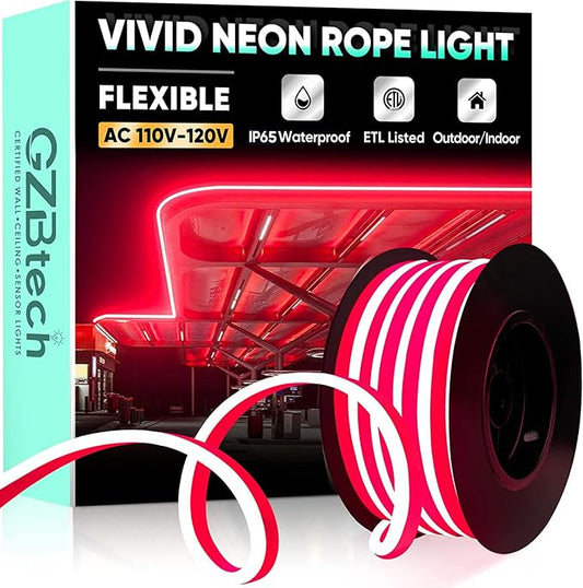GZBtech Flexible LED Neon Rope Lights 16.4FT,AC 110-120V Waterproof Strip Light, 120LEDs/M Cuttable Connectable Neon Lighting for Indoor Outdoor Home Decor/Commercial Building Use-Red 5M