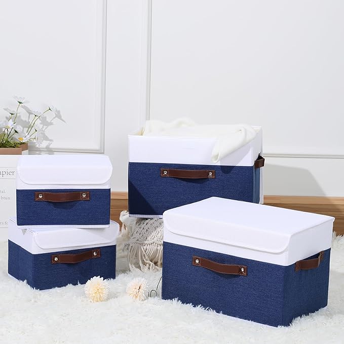 ANMINY 2PCS Storage Boxes with Lid Washable Decorative Storage Bin Basket with PU Leather Handle Foldable Linen Fabric Storage Cube Container for Home Closet Organizer - Deep Blue White, Small Size