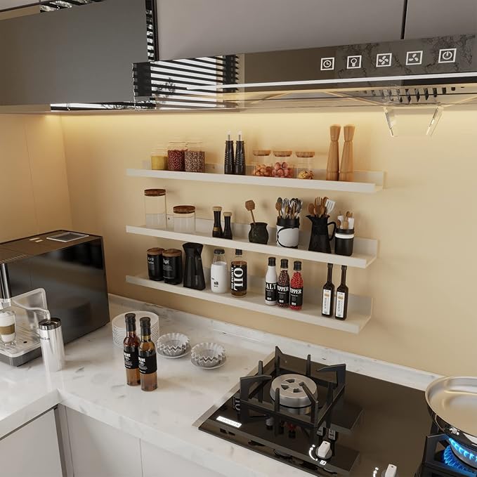 Giftgarden 36 Inch Floating Wall Shelves Creamy White Beige Wood-Grain, Large Picture Ledge Long Wooden Shelfs for Bedroom Living Room Kitchen Bathroom Nursery Office, Set of 3 Different Sizes