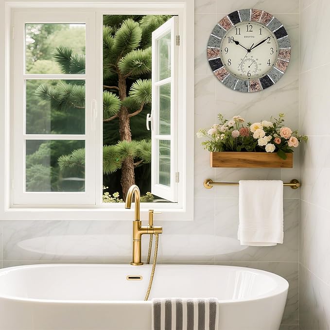 eYotto 10 Inch Small Indoor/Outdoor Waterproof Wall Clock with Thermometer Silent Non-Ticking Battery Operated Wall Clocks Weatherproof for Patio, Pool, Garden, Lanai, Fence, Porch, Deck, Bathroom