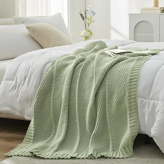 Amélie Home Chenille Knit Throw Blanket for Couch, Chevron Texture Decorative Soft Blanket for Sofa, Bed & Chair, 60"x80", Sage Green