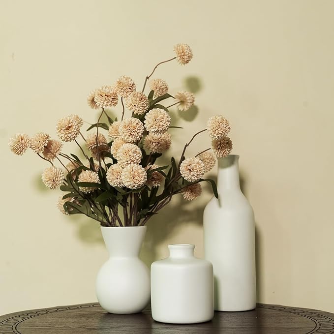 Fake Flowers in Vase for Centerpieces, Faux Flowers in Modern Ceramic Vase Set of 3 with 8 Artificial Autumn Chrysanthemums Home Decor