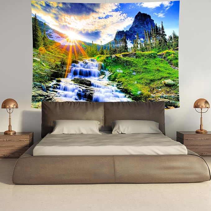 Delur Mountain Waterfall Tapestry Sunset Forest Tree Nature Landscape Tapestry Wall Hanging Tropical Sunrise Rainforest Psychedelic Scenic Headboard for Bedroom Living Room Home Decor (70.8" x 92.5")