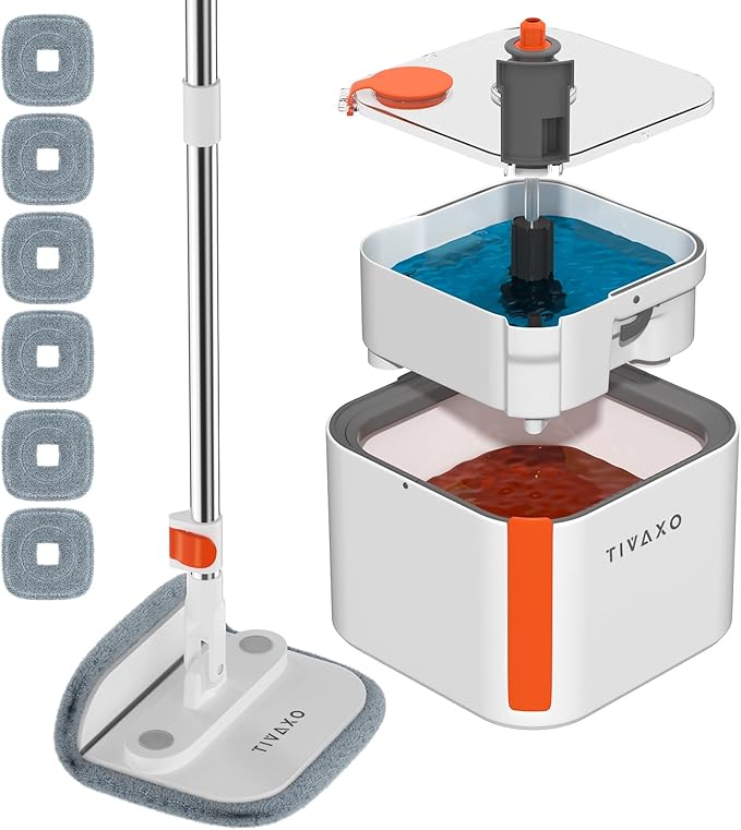 Mop and Bucket Set, Spin Mop with Self Seperates Dirty Water System, Square Mops for Floor Cleaning, 360 Rotating Foldable Standing Mop Head, Versatile Mops for Walls (Mop Bucket with 6 Pads)