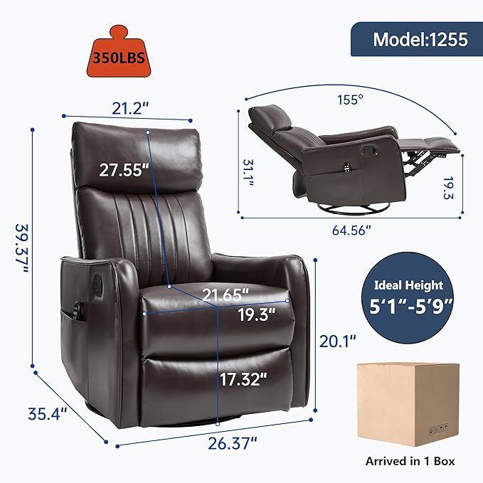 Manual Swivel Rocker Recliner Chair for Adults, Overstuffed Reclining Glider Chair for Nursing with Vibration Massage & Heat, Living Room Rocking Recliner 2-Stage backrest, Faux Leather Brown