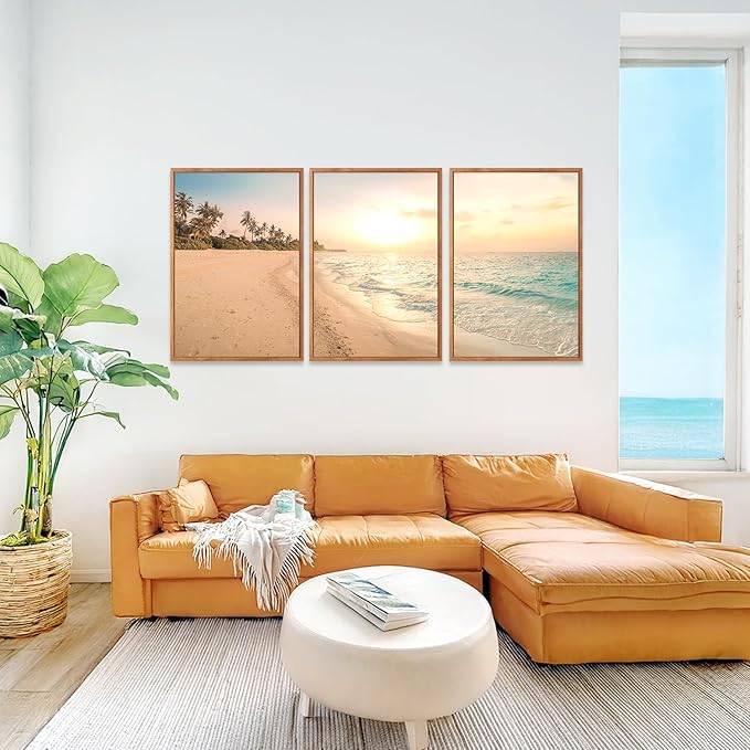 Aurlan Tropical Beach Sunset Framed Wall Art(16"x24"), 3PCS Coastal Ocean Island Canvas Artwork, Vintage Seascape Landscape Scenery Decor Prints for Office Home