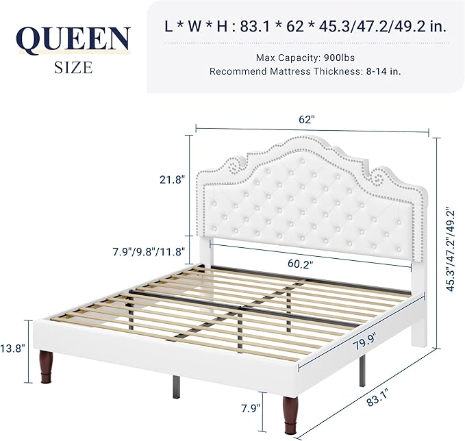 Allewie Queen Bed Frame with Adjustable Velvet Tiara Headboard, Upholstered Diamond Button Tufted Platform Bed, Wood Slats Support, No Box Spring Needed, Mattress Foundation, Easy Assembly, White