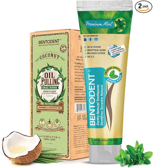 Bentodent Fluoride Free Mineral Toothpaste with Natural bentonite Clay, 100 g and Organic Coconut Sesame Oil Pulling with neem, 177ml for Fresh Breath and Teeth whitening, Vegan