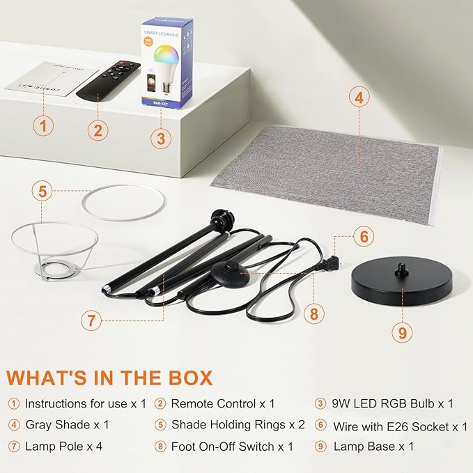 FRIDEKO HOME Gray Floor Lamps for Bedroom, Dimmable Colors Temperature & Brightness, Plug in Modern Floor Lamps for Living Room, Tall Standing Lamps for Office, Corner Lamp, 9W RGB LED Bulb