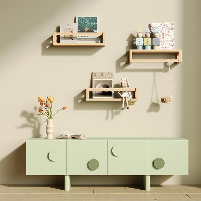 Upgraded Thick Floating Shelves - Multi-Use Wall-Mounted Bookshelves for Kids and Nursery, Ideal for Books, Toys, Spice Rack, Decor - NaturalWood