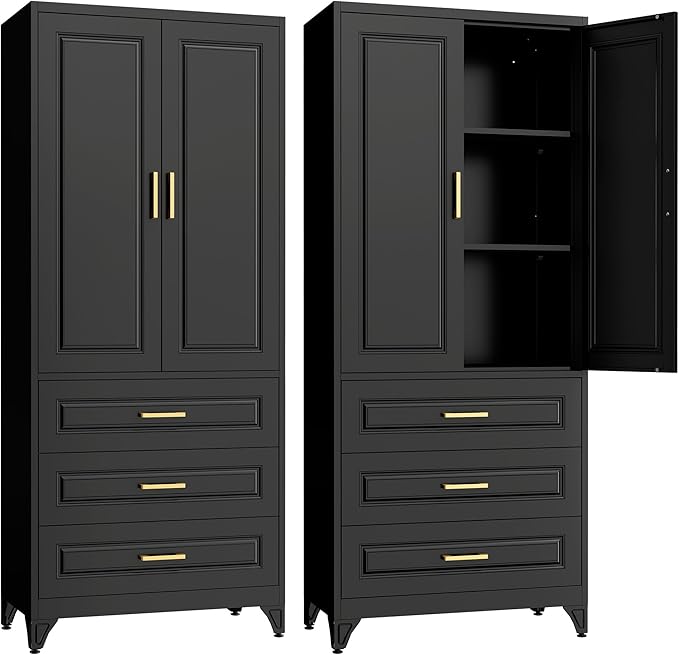 75" Kitchen Pantry Cabinet with 3 Drawers,Metal Storage Cabinets with Doors and 4 Adjustable Shelves,Black Kitchen Cabinet with 2 Gold Handles,Food Cupboard for Livingroom, Bathroom,Pantry