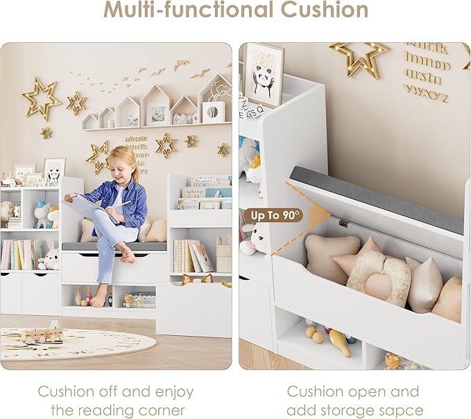 FOTOSOK 72” Kids Bookshelf with Reading Nook, Large Toy Storage Organizer with Seat Cushion and 3 Movable Drawers, Kids Reading Nook Toy Organizers and Storage with Bench for Living Room, White