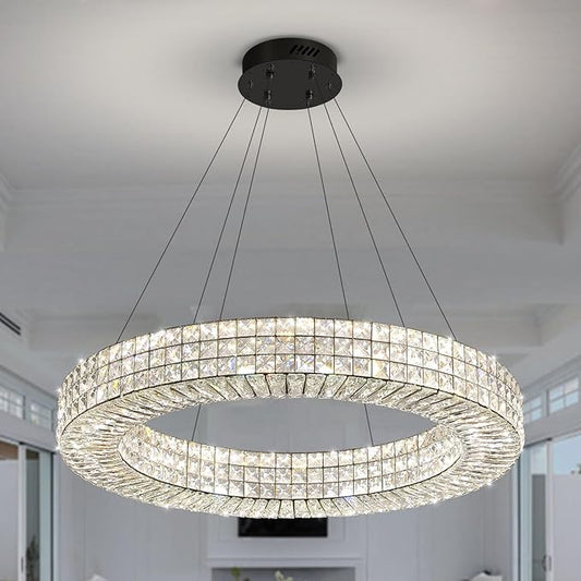 Dia 32" Ring Crystal Chandelier Modern Black Ring Chandelier Adjustable Height Luxury Crystal Pendant Ceiling Light Fixture for Dining Living Room Bedroom