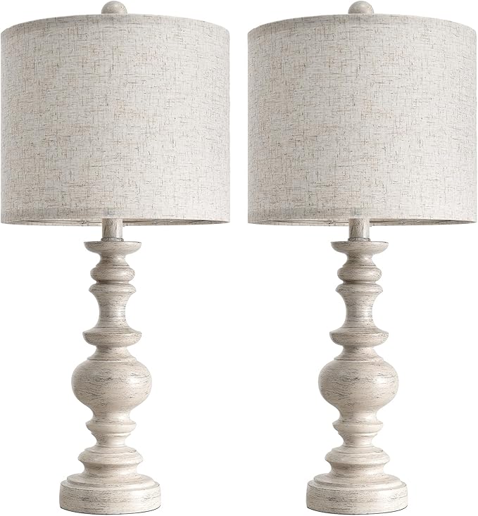 BOBOMOMO 24" Farmhouse Resin Table Lamp Set of 2, Vintage Lamps for Living Room Bedroom with Linen Shades, Traditional Rustic Bedside Lamps Retro Table Lamps for Living Room, Bedroom, Office