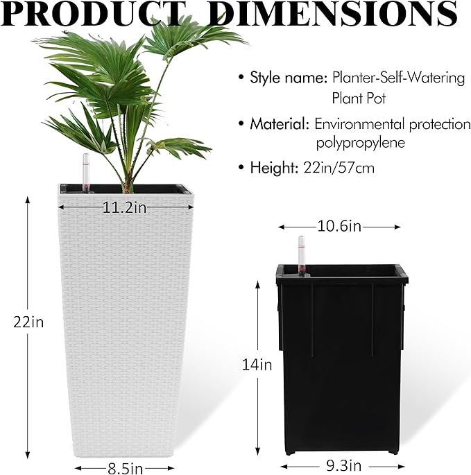 2Pcs 23in High Large Plant Pots Planter-Self-Watering,Modern Planter with Drain Holes,Water Level Monitor,Inner Bucket for Indoor/Outdoor Front Porch Patio,White Rattan