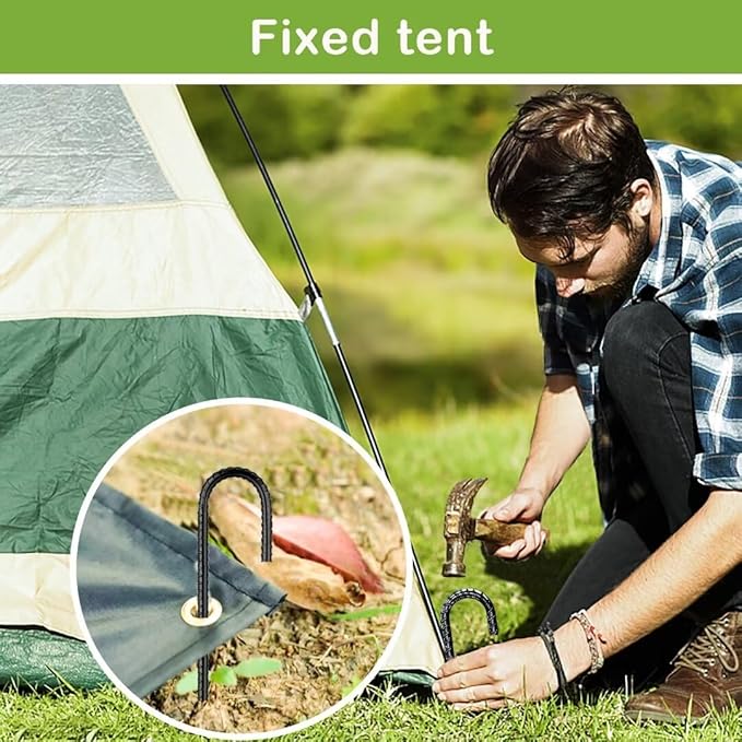 Ground-Stakes-Heavy-Duty-12 inch, J-Hook Rebar Stakes Black Coated Anti-Rust 50pcs Garden Stakes Metal Ground Anchors for Garden Dog Fence Chicken Coop Christmas Decorations Deer Fence