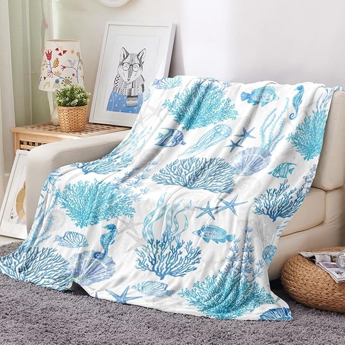 Blue Ocean Beach Throw Blanket Nautical Coastal Bed Blanket Starfish Seashell Coral Blankets Super Soft Flannel Fleece Throw Blanket for Couch Bed Decor “50 x60”