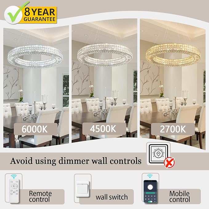 Dia 32" Ring Crystal Chandelier Modern Silver Ring Chandelier Adjustable Height Luxury Crystal Pendant Ceiling Light Fixture for Dining Living Room Bedroom