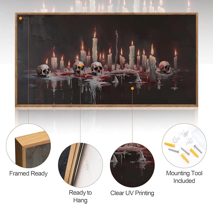 Aurlan Gothic Bloody Skull and Candles Framed Wall Art(40"x20"), Large Horror Dark Academia Halloween Skeleton Canvas Artwork, Modern Goth Spooky Creepy Ghost Decor for Home Office Bedroom
