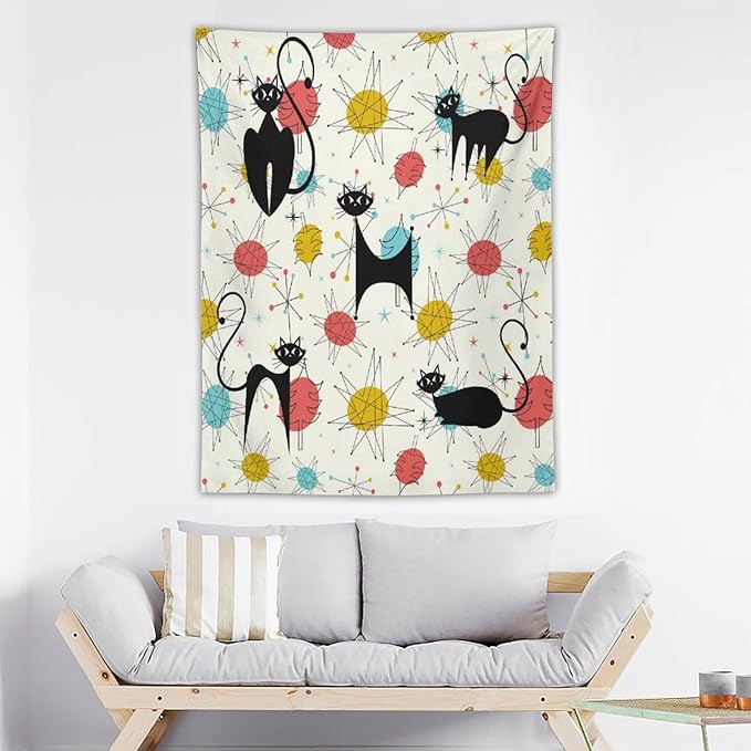 ICMOLYYENLO Abstract Cat Tapestry, Medieval Abstract Atomic Star Cat Vintage Home Wall Hanging Art Tapestry for Bedroom Living Room Dormitory 30x40 Inch