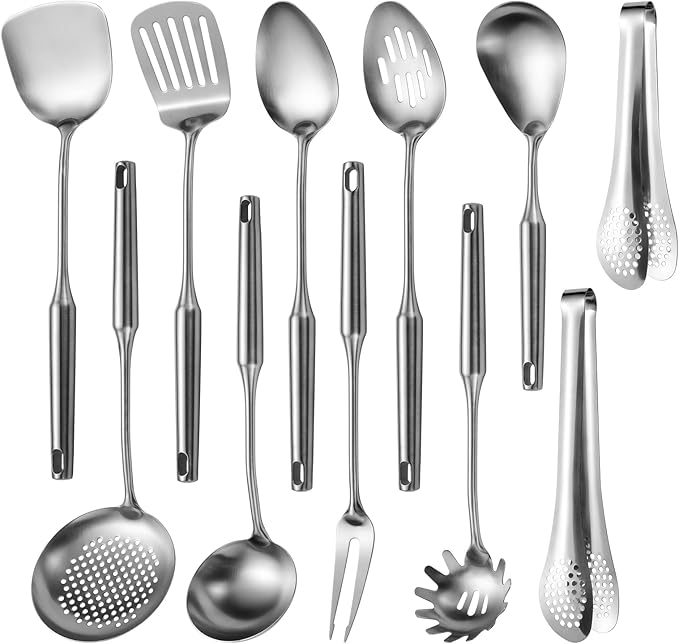 304 Stainlss Steel Kitchen Utensils Set, 11 Pcs Long Metal Cooking Utensil Gadgets Tools Set with Spatula, Ladle, Spoon, Ladle, Skimmer, Tunner, Pasta Server, Tongs(Silver, Dishwasher Safe)