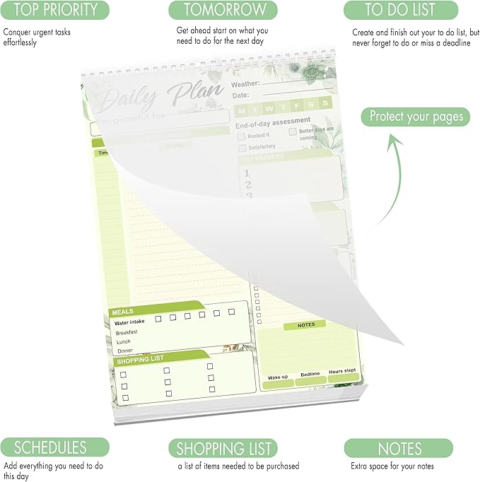 Daily Plan Notepad, 52 Sheets 8.5" X 11.5" Daily for To-Do Lists, Habit Tracking, Academic Scheduling, and Productivity Goals - Perfect for Work, Home, and Office Organization| Tropical Green Floral