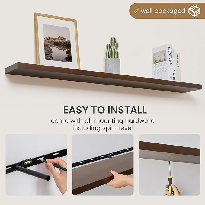 Floating Shelves 55 Inches Long - 8 Inch Deep Rustic Solid Pine Wood for Storage - Farmhouse Wall Mounted for Living Room - Heavy-Duty Metal Bracket - 55" W x 8" D - American Walnut Color