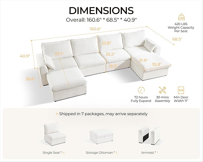 Oversized Modular Sofa Comfy Cloud Couch with Storage, Extra Deep Plush Sectional Sofa Set for Living Room, Covers Washable, Chenille, Olar (White, 6-Seater with 2 Ottomans, u-Shaped)