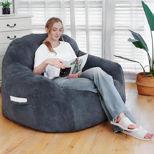 Giant Bean Bag Chair, Oversized Bean Bag Chairs for Adults and Kids, Gaming Chair Stuffed Memory Foam | Storage | Non-Slip, Removable Bean Bag Sofa Comfy Chair for Bedroom, Livingroom (Grey)