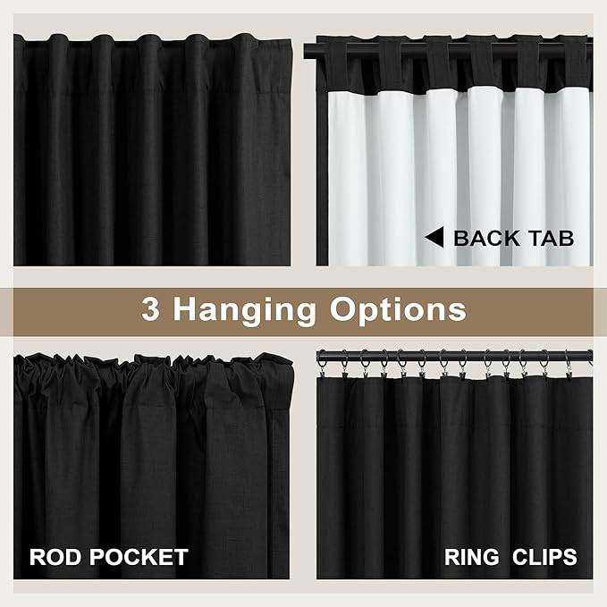 Black Blackout Curtains 84 Inches Long 100% Black Out Linen Farmhouse Light Blocking Curtain for Bedroom Living Room Darkening Back Tab Thermal Insulated Drapes Sliding Glass Door 7ft Length 2 Panel