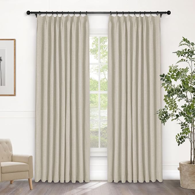 Macochico Pinch Pleated Full Blackout Curtains for Bedroom Living Room Ivory White Linen Curtains Thermal Insulated and Noise Reducing Window Panels with Tieback Shabby Chic Decor 84”Wx84”L 1 Panel