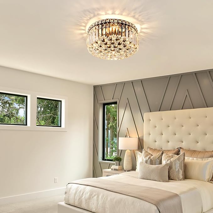 4-Light Black Crystal Chandeliers Flush Mount Chandelier Light Fixture with K9 Crystals Modern Ceiling Lights Elegant Round Lamp for Bedroom,Hallway,Bar,Living Room,Dining Room,H5.9 xW13.7