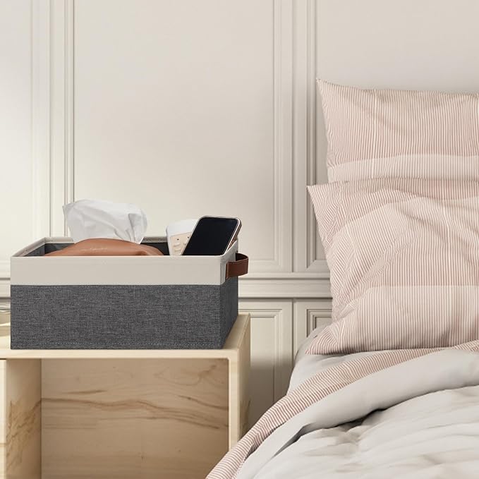 GhvyenntteS Small Fabric Storage Bins 12 Pack, Storage Basket with Leather Handles, Closet Storage Bins for Shelves, Storage Baskets for Shelves, Home, Office (Grey/White, 11.8" x 7.87" x 5.11")