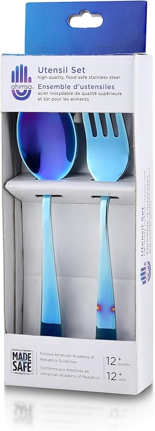 Ahimsa Stainless Steel Kids Utensils - Kids Fork and Spoon Set, Pediatrician Designed Toddler Utensils, 100% BPA Free & Dishwasher Safe (Iridescent Blue)