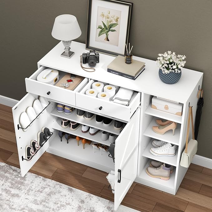 Loomie 5-Tier Shoe Cabinet with 4 Side Cubbies, Farmhouse Shoe Rack Cabinet with 6 Adjustable Shelves & 2 Drawers, Freestanding Shoe Storage Cabinet with 4 Brackets & 2 Hooks for Entryway (White)