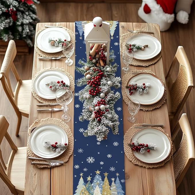 GEEORY Christmas Table Runner 13x90 Inch, Xmas Trees Snowflakes Holiday Decorative Farmhouse Table Decoration for Kitchen Dinning, Indoor Outdoor Dinner Party Decor (Blue) GT151-90