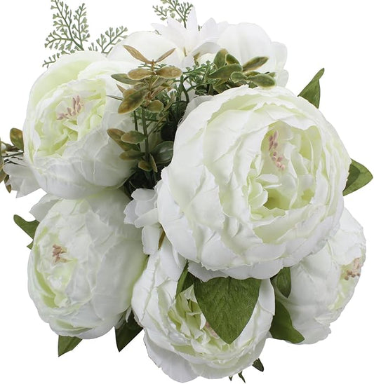 Duovlo Springs Flowers Artificial Silk Peony Bouquets Wedding Home Decoration,Pack of 1 (Spring White)