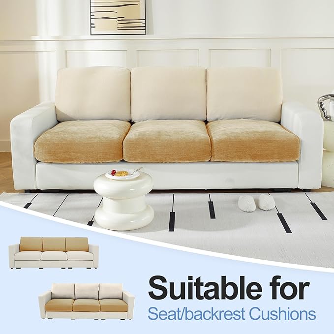 Couch Cushion Covers Individual Large Super Stretch Chenille (Softer Version) Sofa Cushion Covers, Armrest Cover Couch Slipcovers Furniture Protector (2PC, Khaki)