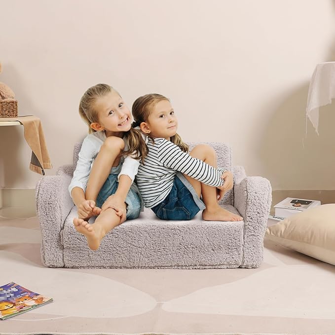 Kids Extra Wide Chairs for Toddler, 2-in-1 Toddler Soft Sherpa Couch Fold Out, Convertible Sofa to Lounger for Girls and Boys, Grey