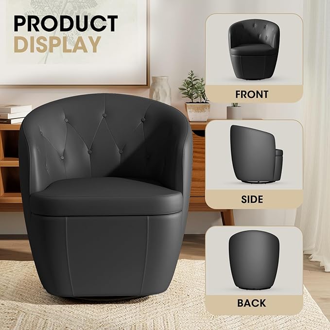 360° Swivel Leather Accent Chair, Modern Barrel Club Chair with Leather Upholstery and Sturdy Base, Comfortable Armchair for Living Room, Bedroom, Reading Nook, Brown