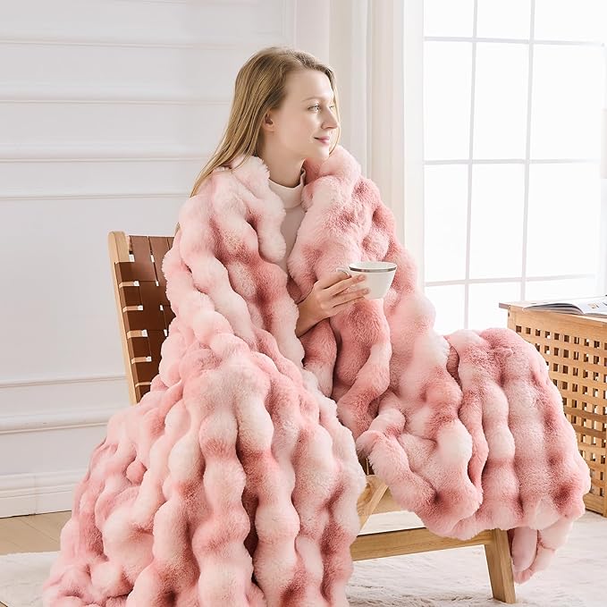 Cozy Faux Fur Throw Blanket for Couch-Warm Fuzzy Throw Blanket, Soft Plush Thick Bubble Blankets for Bedroom and Living Room, Furry Luxury Blanket, 50 x 60, Tie-Dye Pink