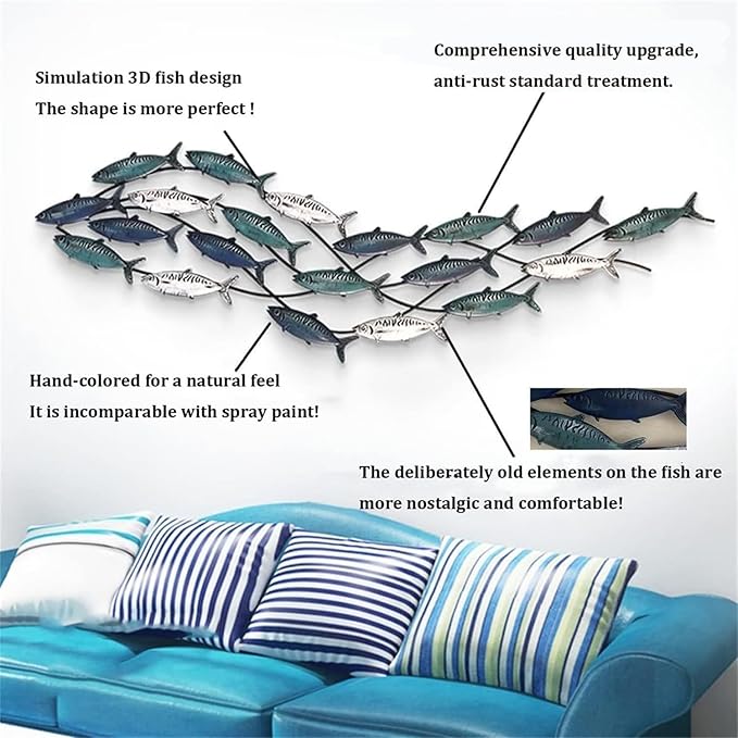 Coastal Metal Fish Wall Decor, Large Nautical Fish Wall Décor,School of 20 Fish Wall Art,3D Fish Wall Sculpture,Fish Metallic Art Decor,Perfect for Living Room,Bedroom,Beach Or Boat Decor,59" X 16.5"